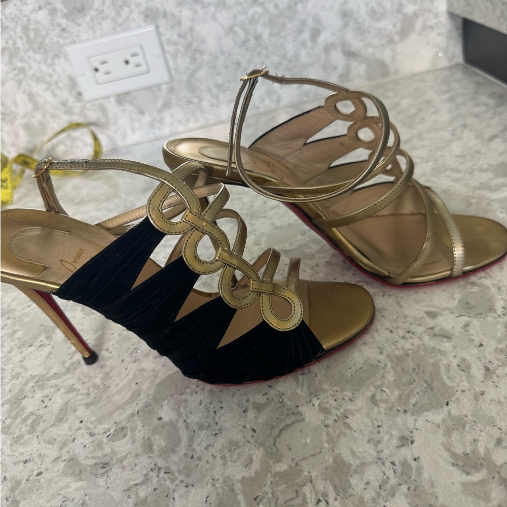 Christian Louboutin Black/Gold Suede and Leather Platform Sandal Pumps